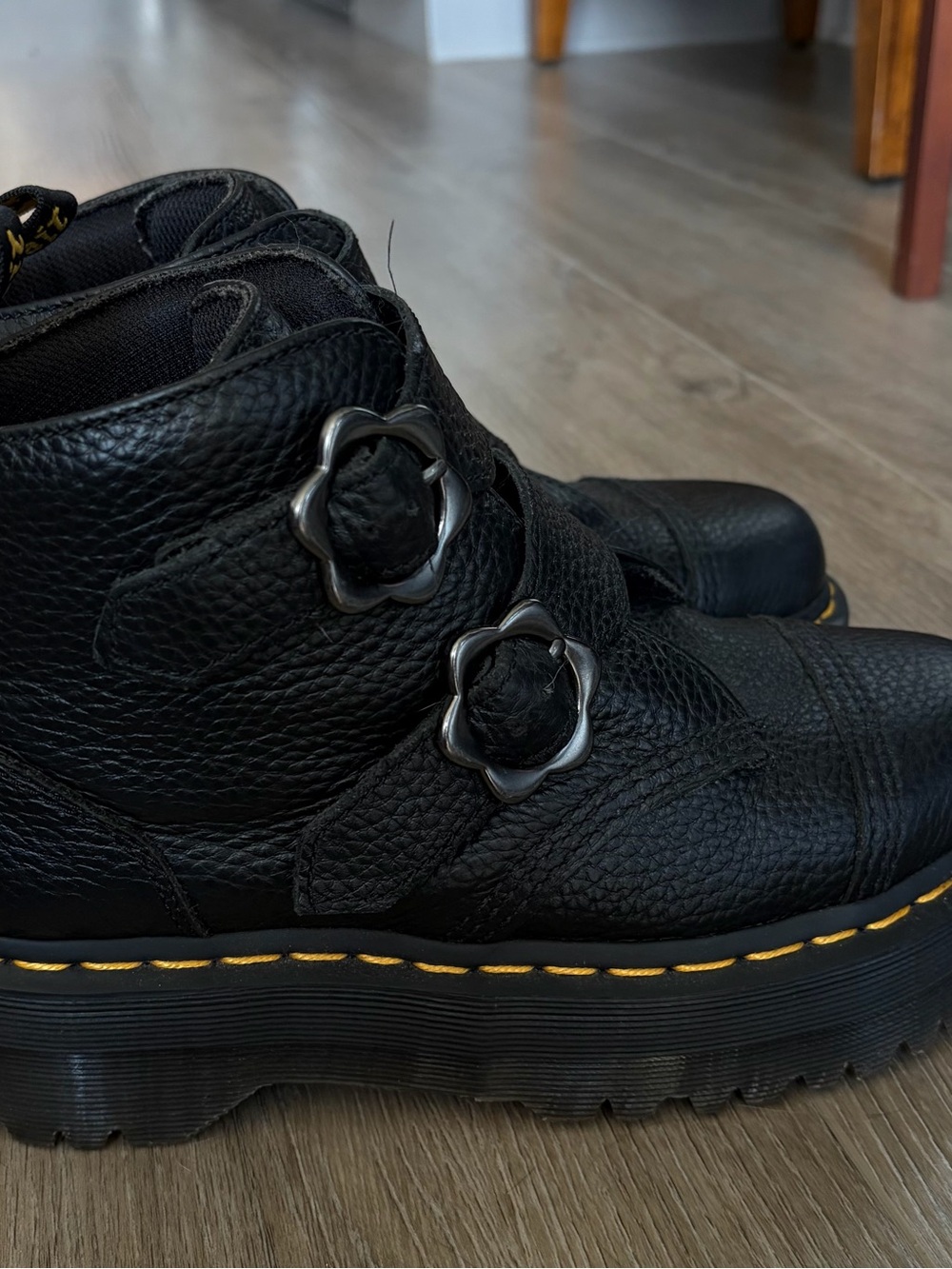 Dr. Martens Black Leather Platform Boots with Flower Buckles - Picture 4 of 4